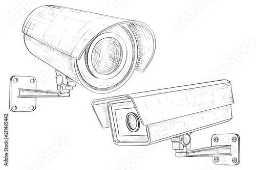 Security cctv camera set. Hand drawn sketch