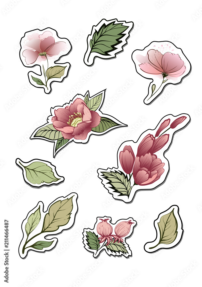 Flower stickers. Design elements for notes. Decorative vector icons with  flowers, leaves. Illustrations for scrapbooking Stock Vector