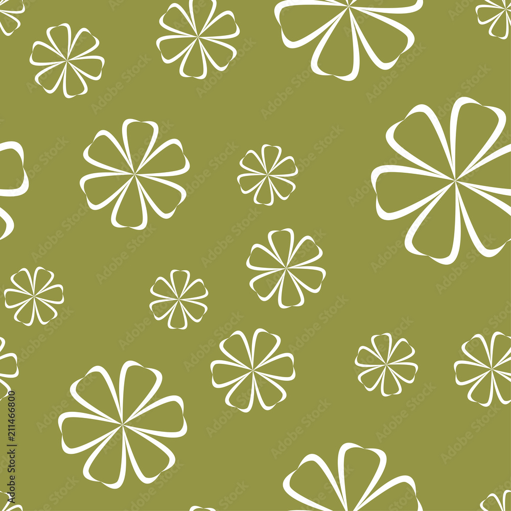 Fototapeta premium White floral seamless pattern on olive green background