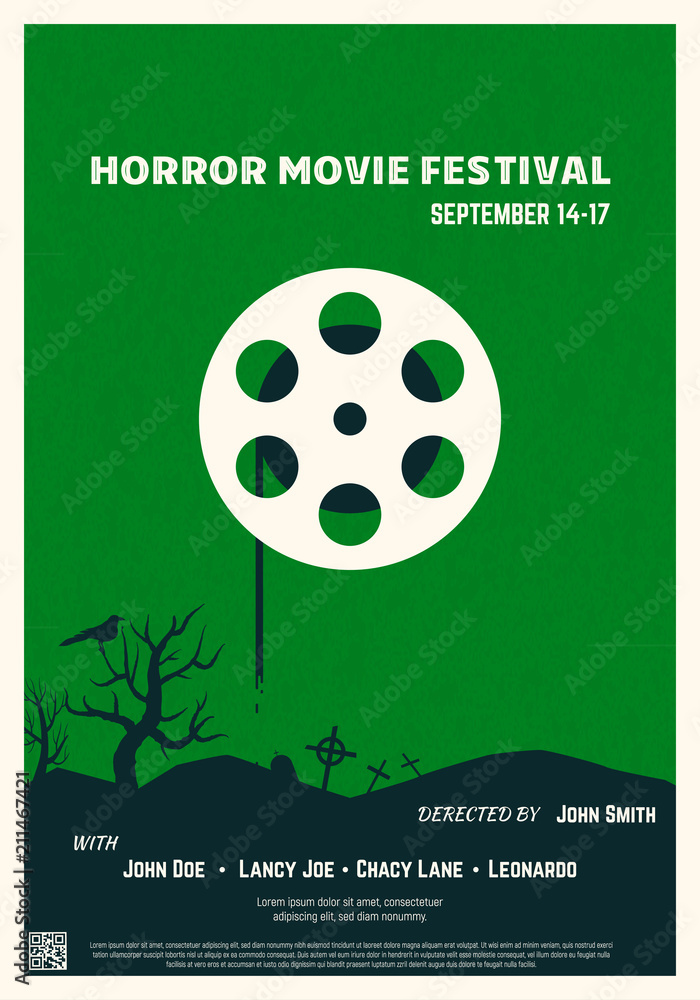 Naklejka premium Retro style horror movie poster. Green background and black trees and graveyard. Film festival poster. Big movie theater reel and text placeholder. Template for movie banner or poster in retro colors.