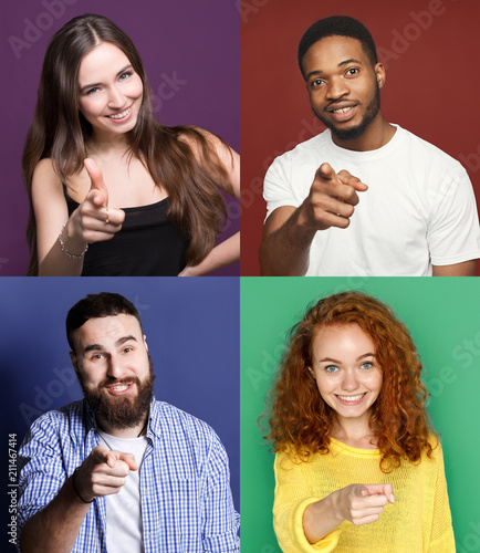Collage of multiethnic diverse people pointing on camera