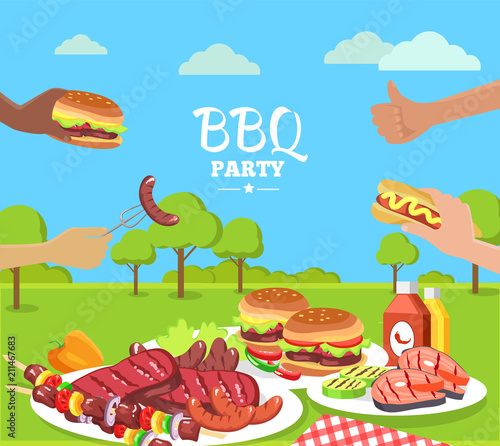 BBQ Party Colorful Poster with Cute Summer Park