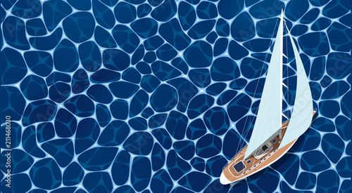 Sailing ship banner. Top view sail boat on water
