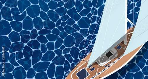 Sailing ship banner. Top view sail boat on water