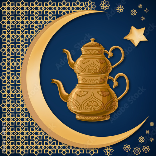 Turkish traditional antique decorated copper teapot with double kettles with moon, star and oriental decoration.