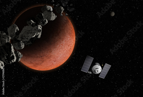 Fototapeta Naklejka Na Ścianę i Meble -  Spacecraft flying to unknown planet, stars and nebula in outer space. Space exploration.