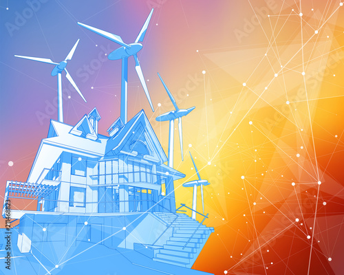 A modern house and windmills on a blue background surrounded by digital networks: an illustration of a smart eco-friendly home - the concept of modern information technology smart house or smart city