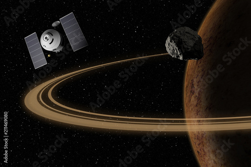 Fototapeta Naklejka Na Ścianę i Meble -  Spacecraft flying to unknown planet, stars and nebula in outer space. Space exploration.