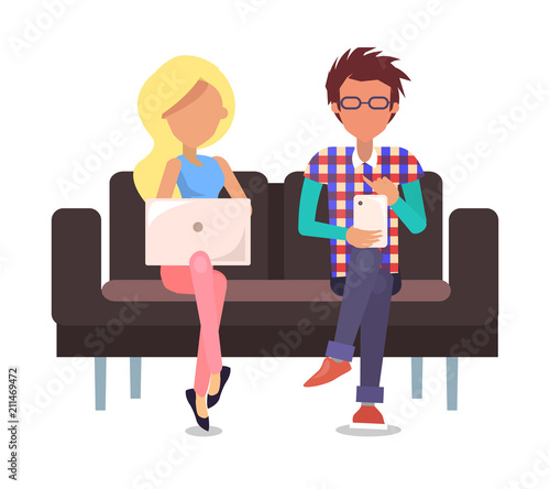 Man and Woman on Couch Poster Vector Illustration