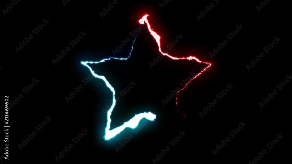 loopable BLUE RED neon Lightning bolt STAR symbol shape flight on black background animation new quality unique nature light effect video footage loopable BLUE RED neon Lightning bolt STAR symbol shape flight on black background animation new quality unique nature light effect video footage