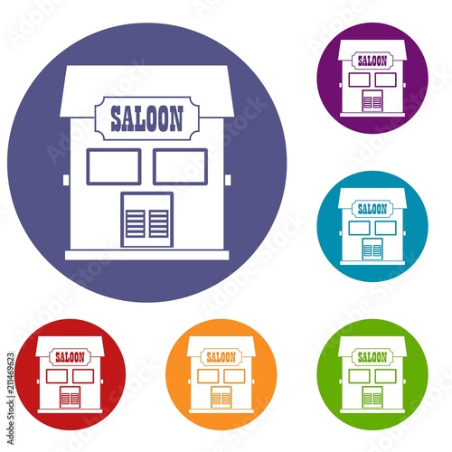 Western saloon icons set in flat circle red, blue and green color for web