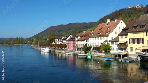 Rhine river riverbank with old houses, Stein am Rhein, Schaffhausen, Switzerland