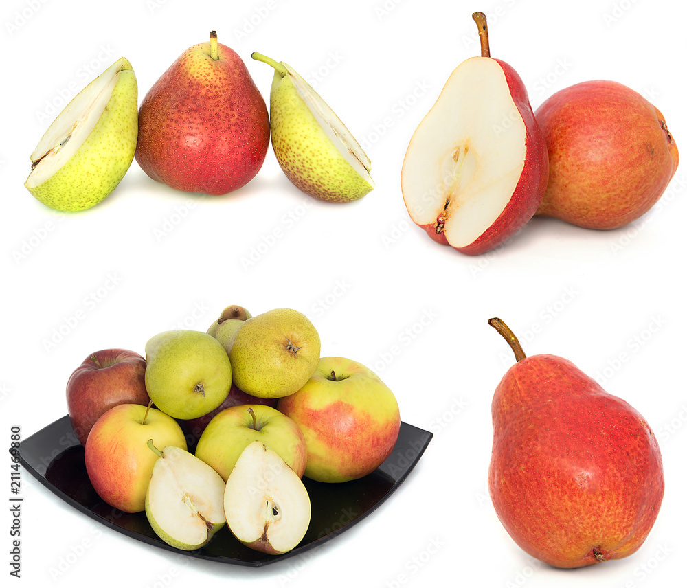 Naklejka a lot of big, ripe, bright pears. pears on a white background, whole and in cross section.