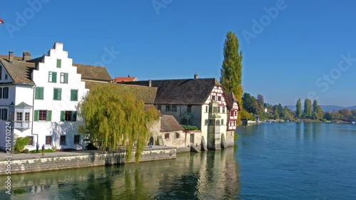 Rhine river riverbank with old houses, Stein am Rhein, Schaffhausen, Switzerland