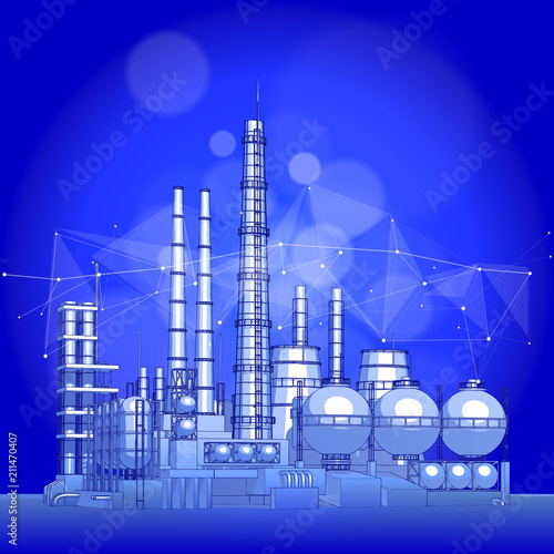 modern chemical manufacturing plant on a blue technological background with a stylized digital wave - the concept of modern technology, the new industrial revolution & information technology / vector