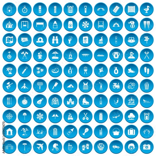 100 holidays family icons set in blue circle isolated on white vectr illustration
