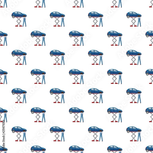 Blue car on a scissor lift platform pattern seamless repeat in cartoon style vector illustration