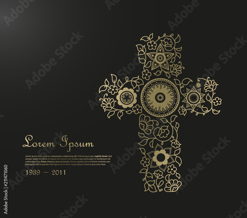Funeral illustration template with flower cross and place for your text.