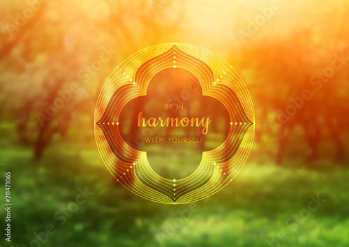 Vector template of banner with inspirational phrase, horizontal format; Spiritual sacred geometry; "Flower of life" and lotus on beauty blurred background with forest; Yoga, meditation and relax.