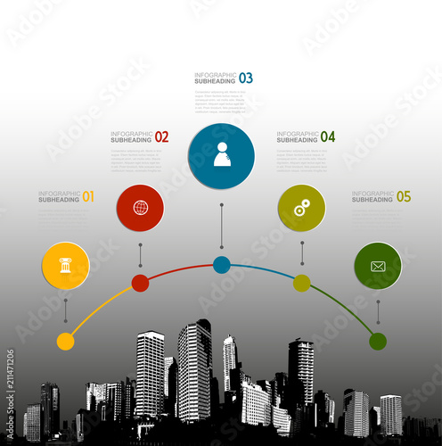 Infographic template with five circles, icons and skyscrapers.