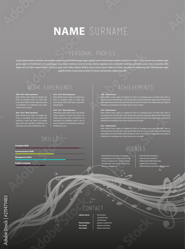 Creative simple CV template with colorful music tunes and lines.