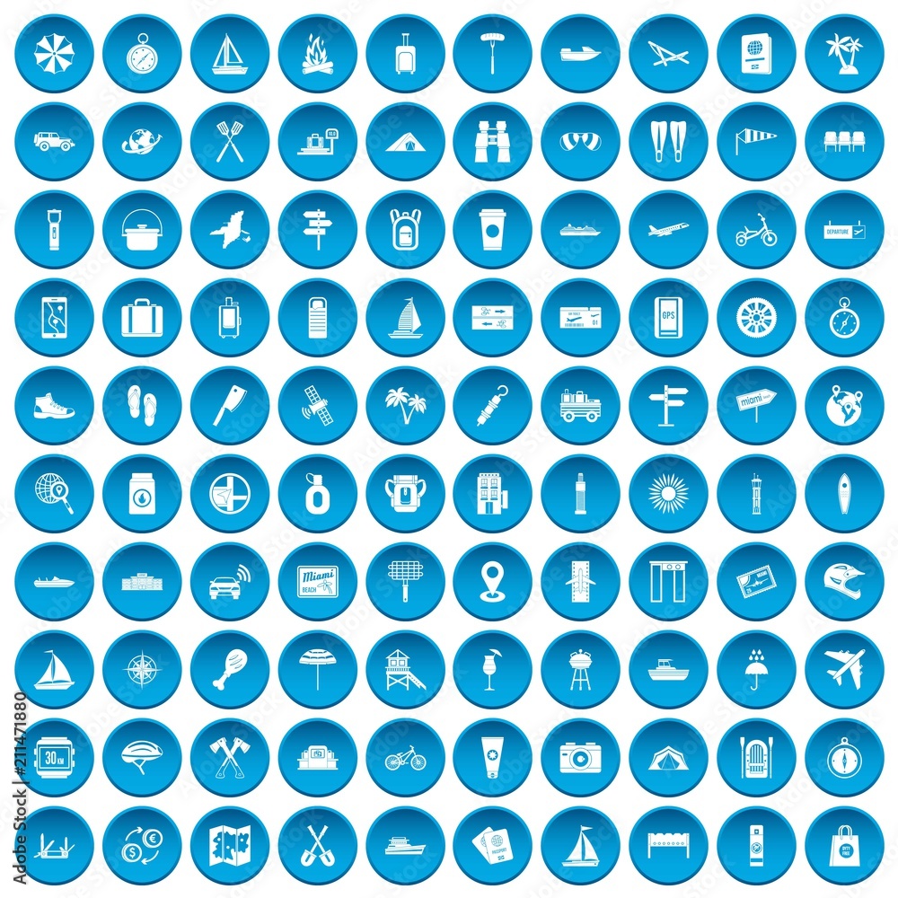100 journey icons set in blue circle isolated on white vectr illustration 100 journey icons set in blue circle isolated on white vectr illustration