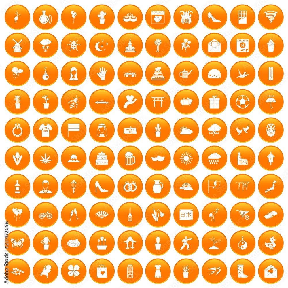 100 flowers icons set in orange circle isolated on white vector illustration 100 flowers icons set in orange circle isolated on white vector illustration