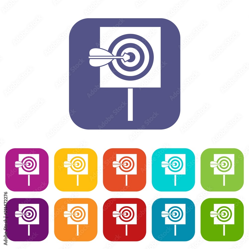 Arrow in the center of target icons set vector illustration in flat style in colors red, blue, green, and other Arrow in the center of target icons set vector illustration in flat style in colors red, blue, green, and other