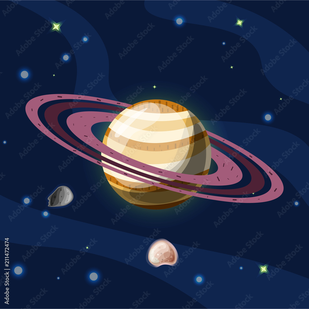 Saturn, vector cartoon illustration. Planet Saturn with rings, planet of  Solar system in dark deep blue space, isolated on blue background Stock  Vector | Adobe Stock