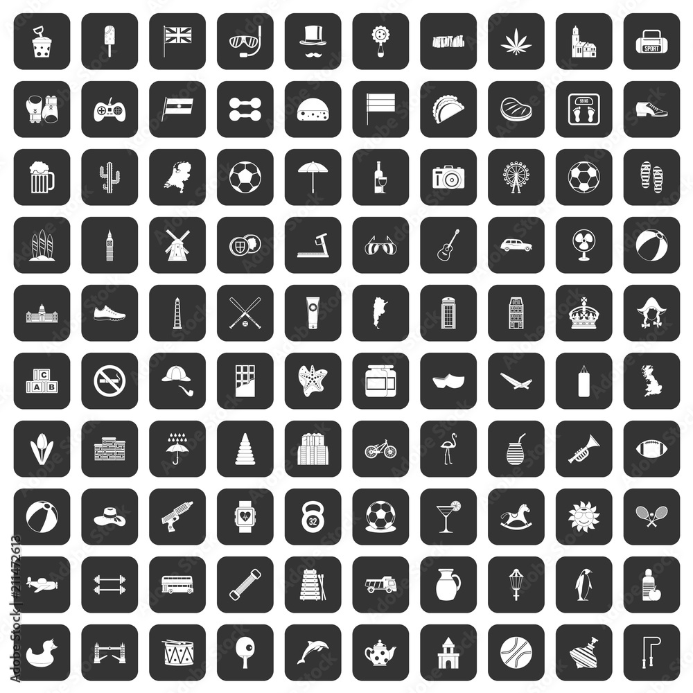 100 ball icons set in black color isolated vector illustration