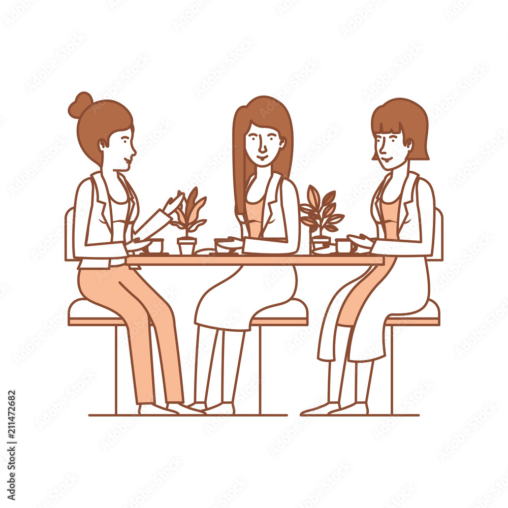 women in the table drinking coffee with house plant vector illustration design