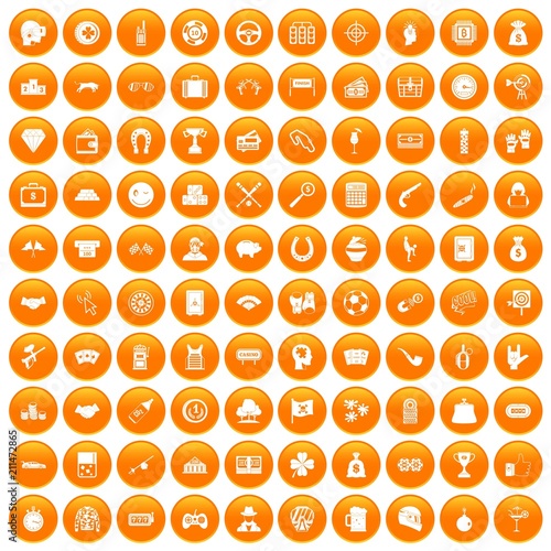 100 gambling icons set in orange circle isolated on white vector illustration