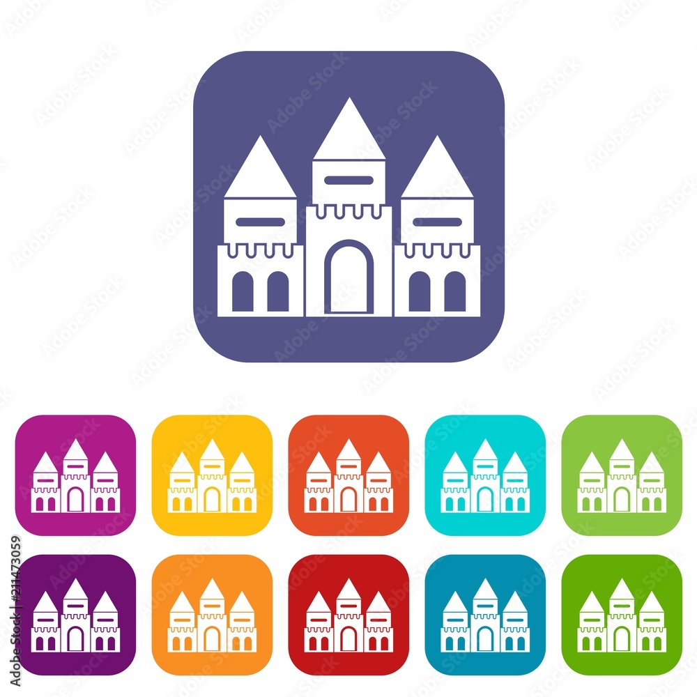 Children house castle icons set vector illustration in flat style in colors red, blue, green, and other