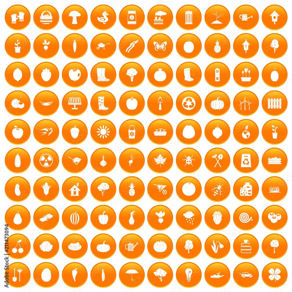 100 garden icons set in orange circle isolated on white vector illustration 100 garden icons set in orange circle isolated on white vector illustration