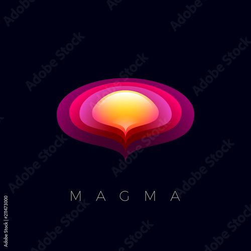 Magma logo. Sphere and orbits emblems. Abstract red and yellow logo. Beautiful abstract icon on a dark background. 