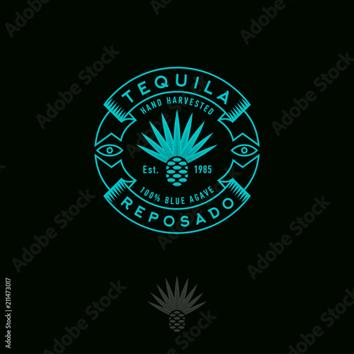 Blue agave icon. Tequila or mescal logo. Emblem for the label. Engraving style Agave icon with letters and ribbons on a dark background.
