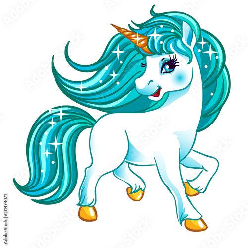 Fantasy white unicorn with blue hair.