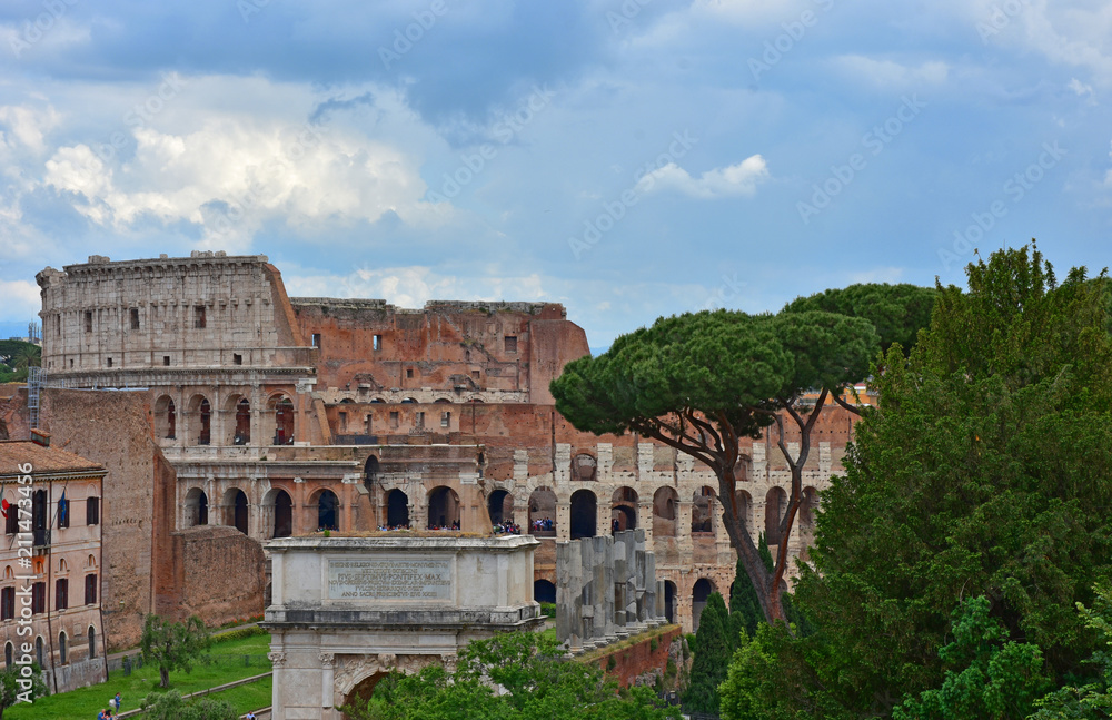 Rome,  view and details of the archaeological area of the Roman Forums.