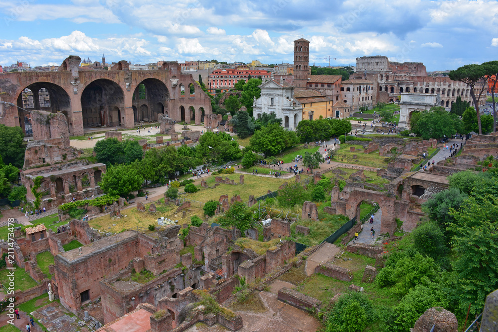 Rome,  view and details of the archaeological area of the Roman Forums