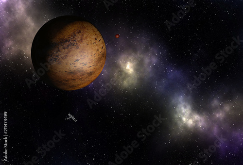 Interstellar spaceship flying near unknown brown planet in outer space with stars and nebulas.