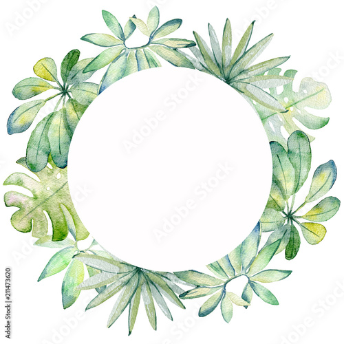 Frame. Watercolor Tropical green leaves on the white background