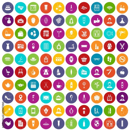100 beauty salon icons set in different colors circle isolated vector illustration