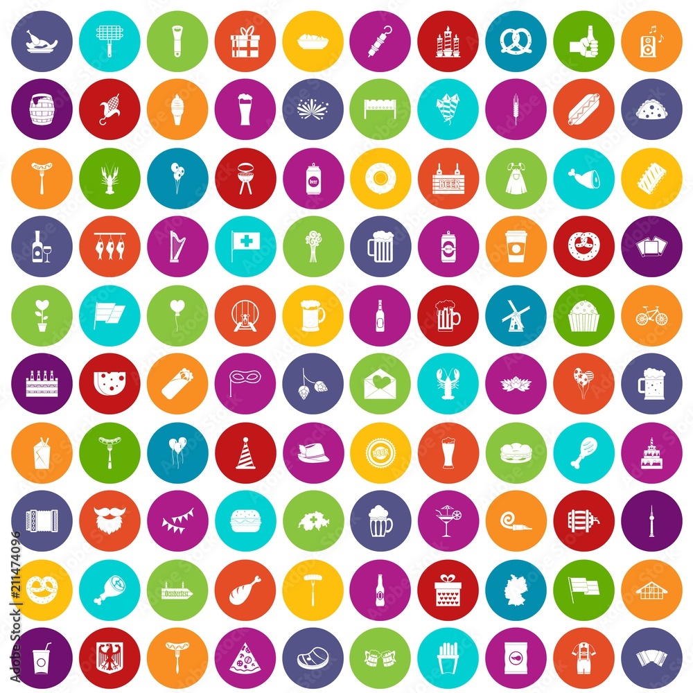100 beer party icons set in different colors circle isolated vector illustration 100 beer party icons set in different colors circle isolated vector illustration