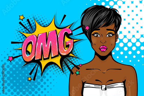 OMG, oops, sad face. Black african-american young girl pop art. Woman pop art. Comic text advertise speech bubble. Retro halftone background.