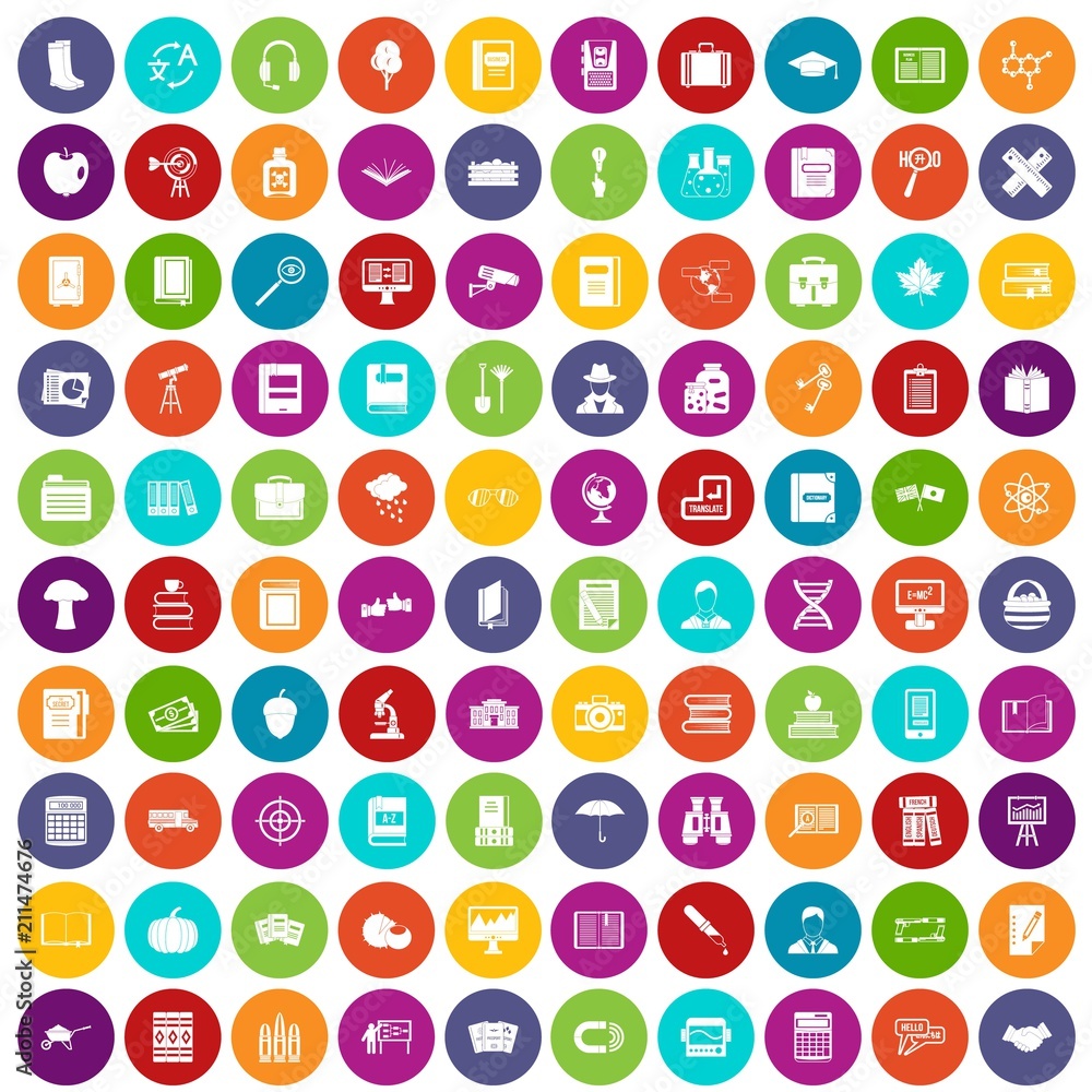 100 book icons set in different colors circle isolated vector illustration