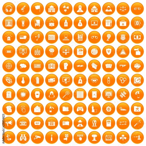 100 hacking icons set in orange circle isolated on white vector illustration