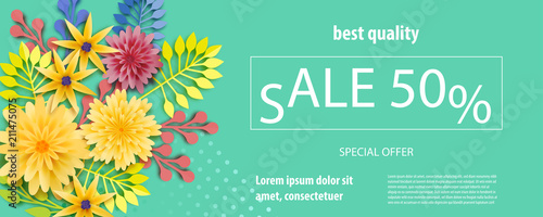 Horizontal paper cut flower sale banner. Colored chamomile bud origami isolated vector background. Floral discount design. Craft 3d plant eco card template.