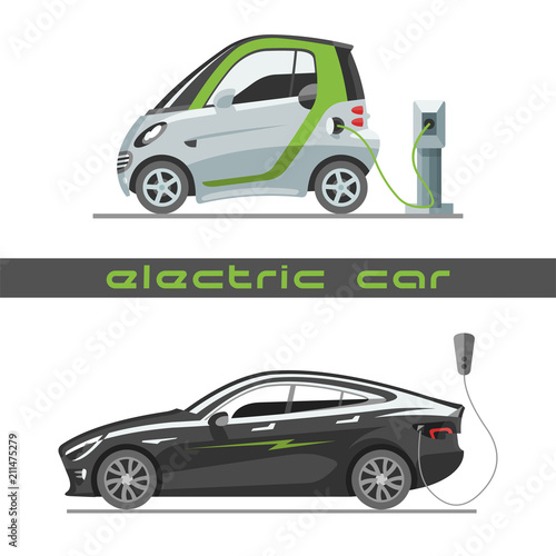 Electric car with solar panels eco transport vector illustration automobile socket electrical car battery charger.