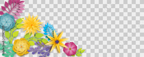 Set paper vector art. Colored chamomile bud origami transparent background. Floral banner design. Craft 3d plant eco card. Illustration green leaf lush template.