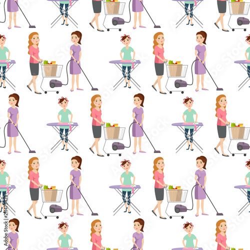 Housewifes homemaker woman cute cleaning cartoon girl seamless pattern background housewifery female wife character vector illustration.